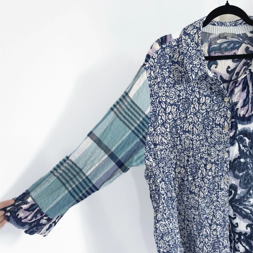 Habitat Top Womens XL Blue Floral Button Up Gauzy Crinkle Cotton Boho Coastal